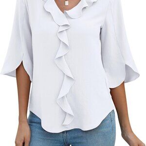 Womens Dressy Casual Blouses 3/4 Sleeve V Neck Ruffle Tops Business Ladies Summe